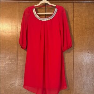 I.N. San Francisco Red Dress with Embellished Neckline